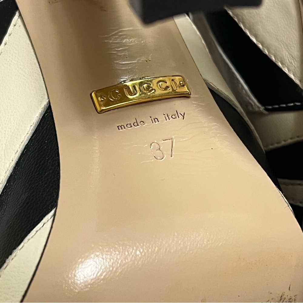 GUCCI Lesley Malaga Pump Heel Zebra Black White Leather Mary Jane Size 37 - Picture 10 of 11
